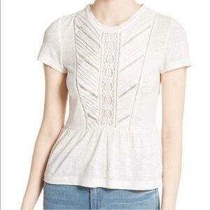 Rebecca Taylor White Linen Lace Inset Pintuck Short Sleeve Peplum Top Size L